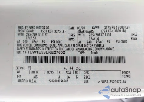 2020 Ford F-150 Xlt from USA, damaged, VIN 1FTEW1E53LKE27602